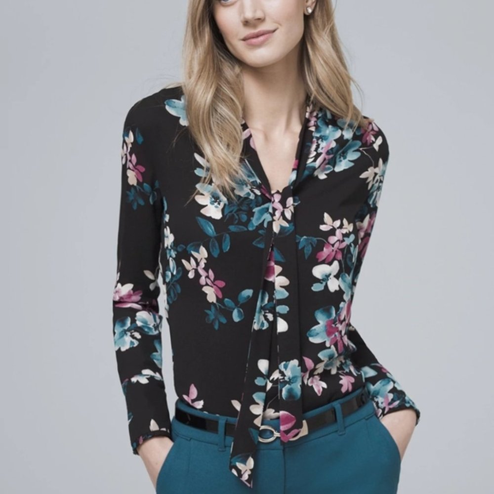 White House Black Market Floral Tie Neck Blouse